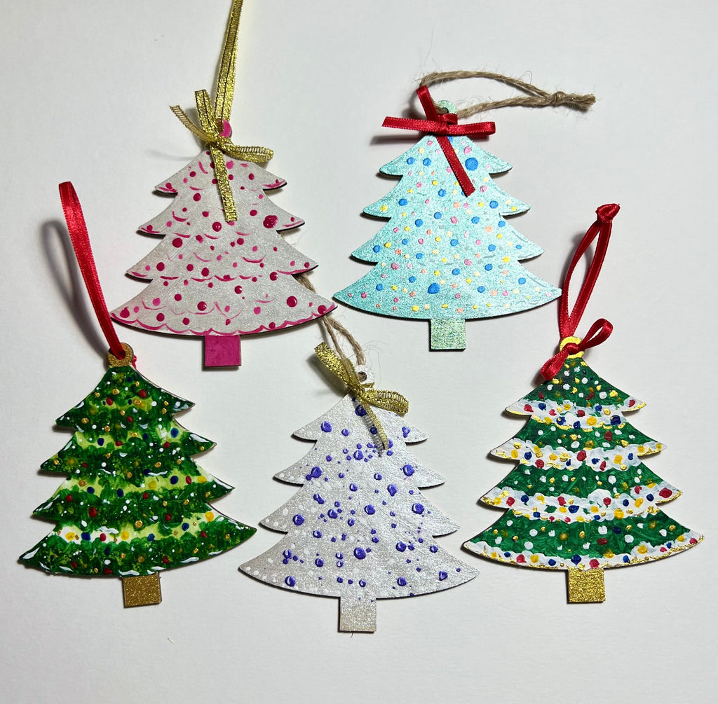 Enfeites de Natal, pintados à mão em madeira fatiada, prontos para pendurar, conjunto de 5.