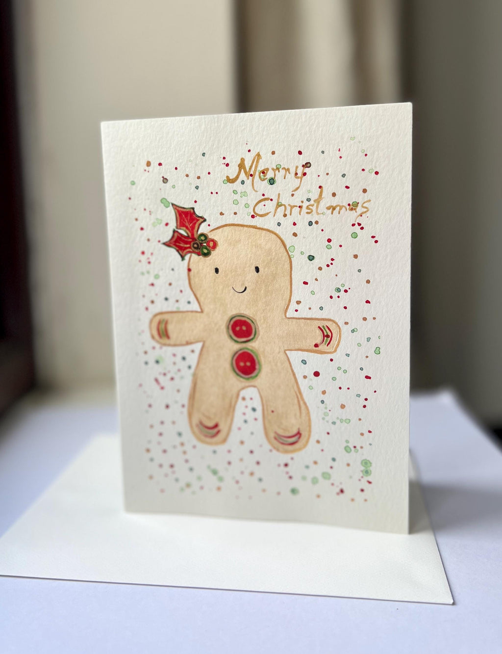 Cartão de Natal original em aquarela pintado à mão, 13 x 18 cm, com envelope, conjunto de 4
