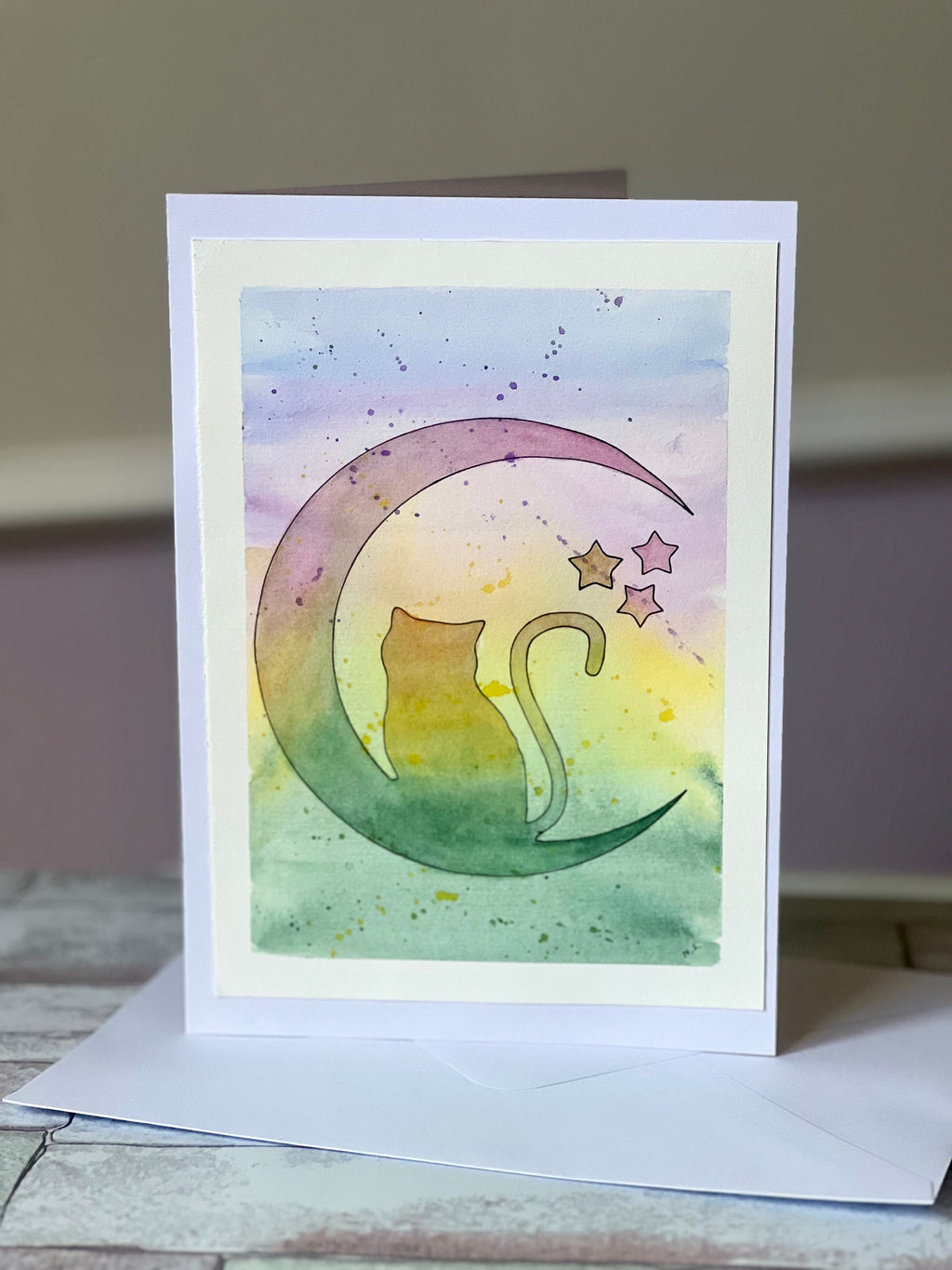 Cartões de felicitações originais em aquarela, o gato e a lua, cartão com gatos fofos, cartões especiais, 15 x 21 cm, com envelope.