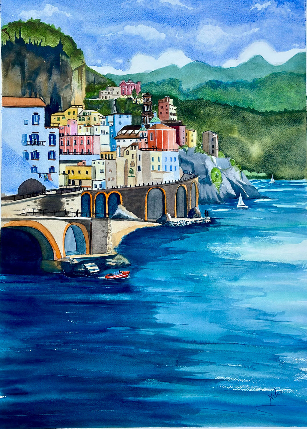 Pintura em aquarela original da Costa Amalfitana, 57 x 77 cm, sem moldura.