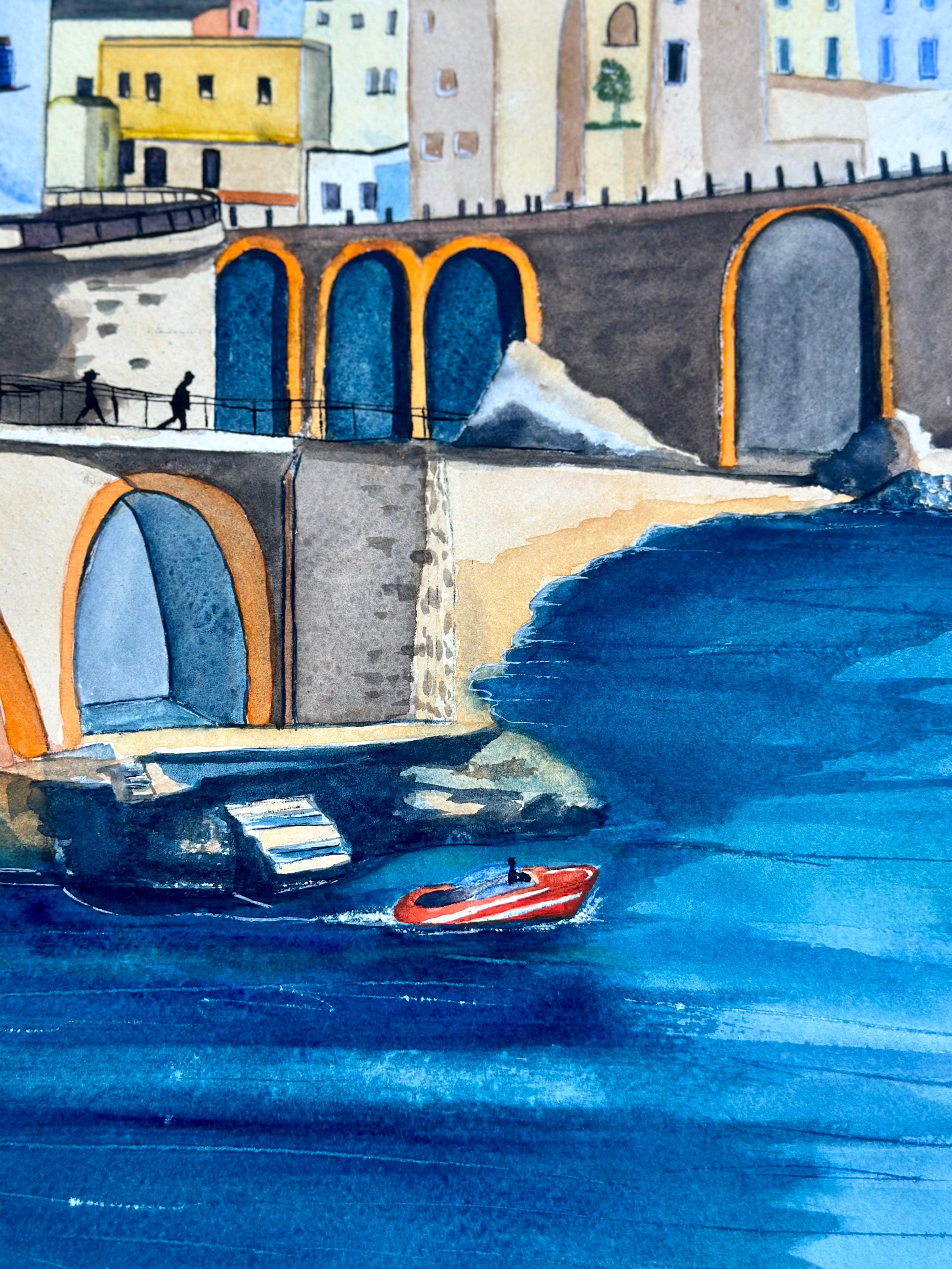 Pintura em aquarela original da Costa Amalfitana, 57 x 77 cm, sem moldura.