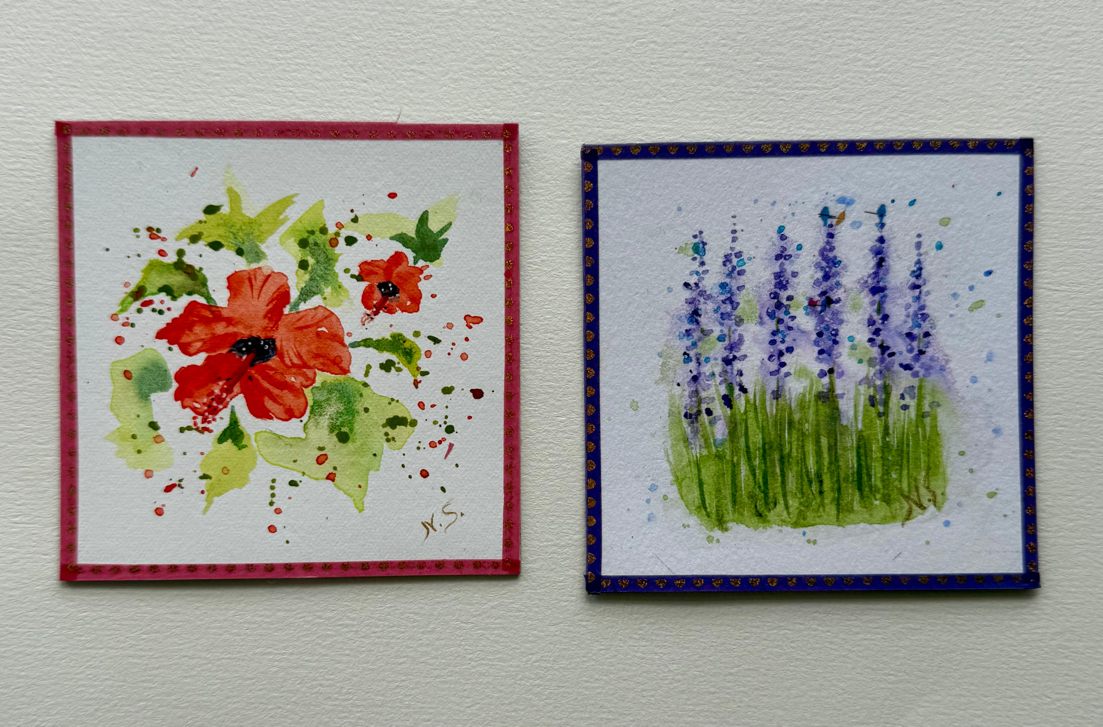 Mini Pintura Aquarela Original em Imã de Geladeira, 9x9cm kit com 4