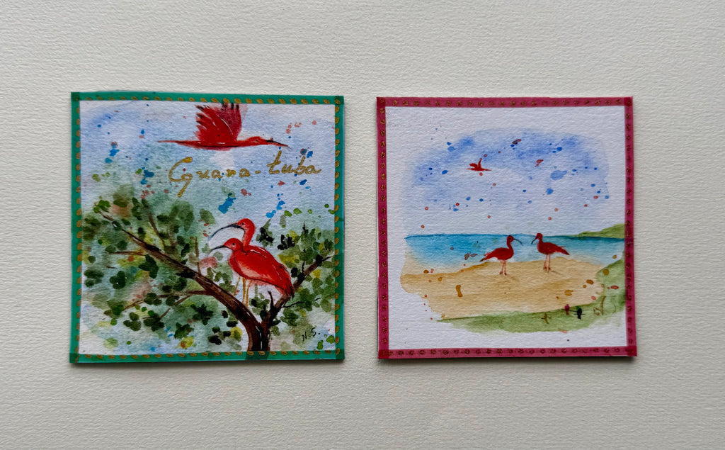 Mini Pintura Aquarela Original em Imã de Geladeira, 9x9cm kit com 4