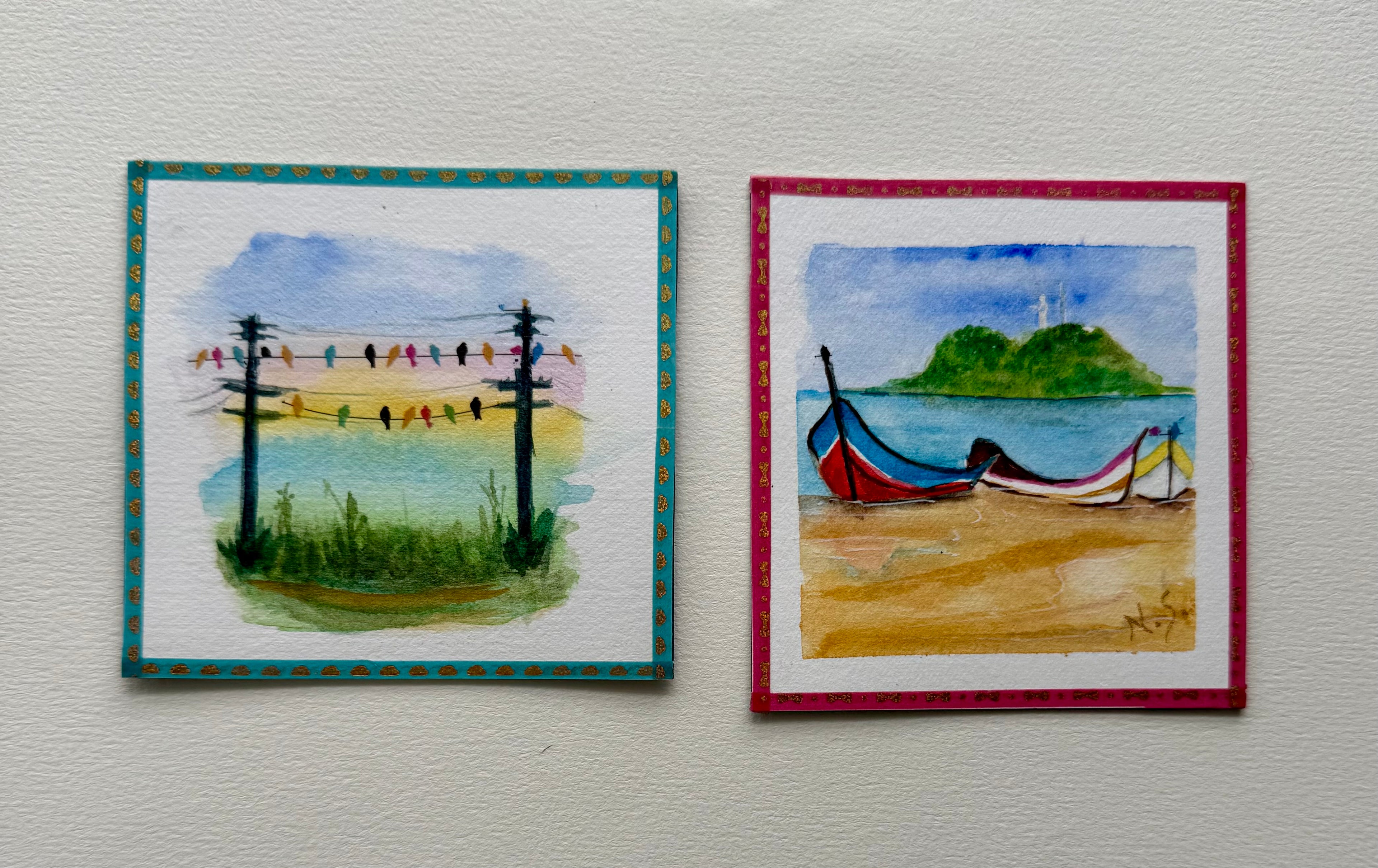 Mini Pintura Aquarela Original em Imã de Geladeira, 9x9cm kit com 4