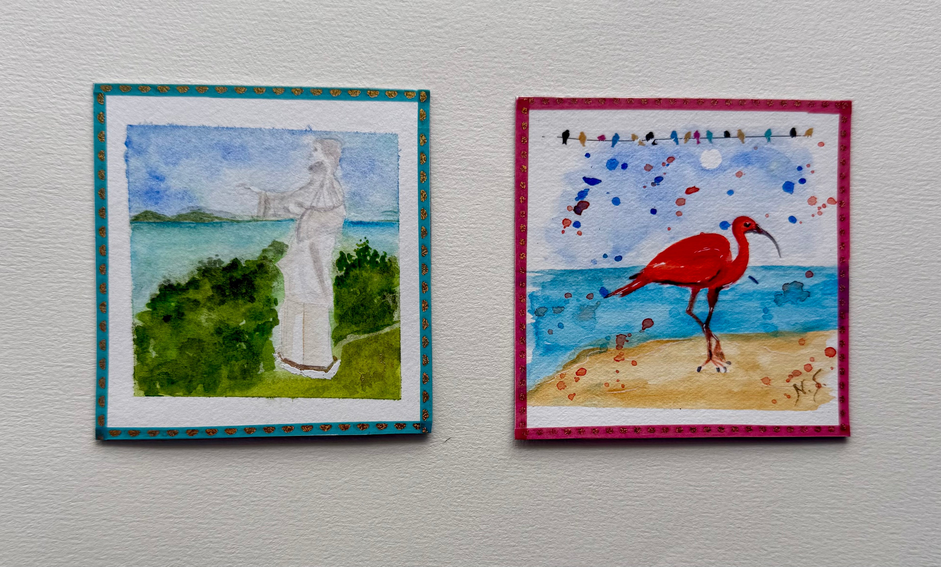 Mini Pintura Aquarela Original em Imã de Geladeira, 9x9cm kit com 4