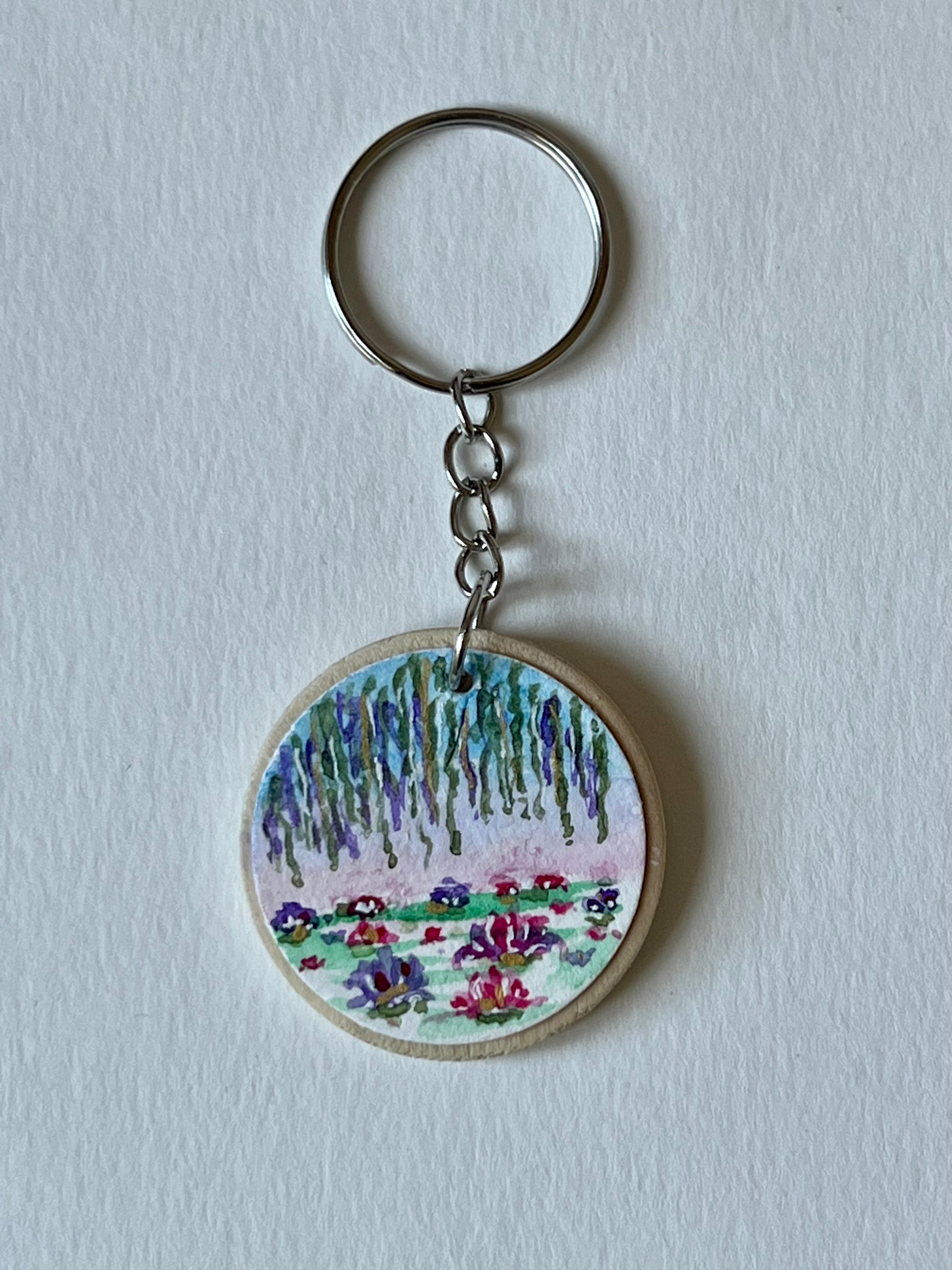 Chaveiro de Madeira com Mini Pintura em Aquarela Original kit com 2