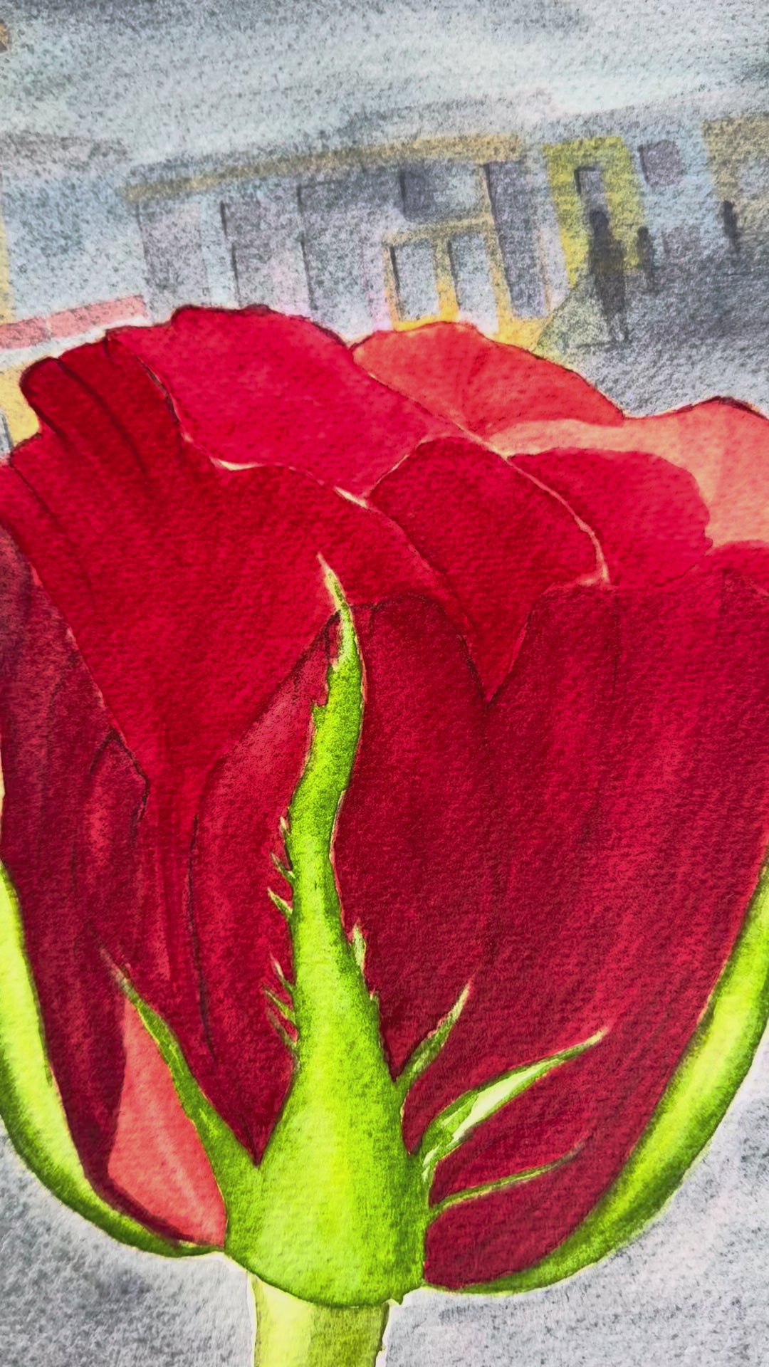 Rosa Vermelha à noite - Pintura Original em Aquarela profissional, 30x42cm, sem moldura